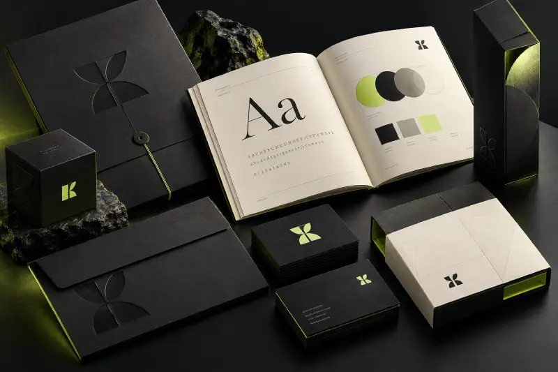 Dark brand identity concept with stationery and a design guide