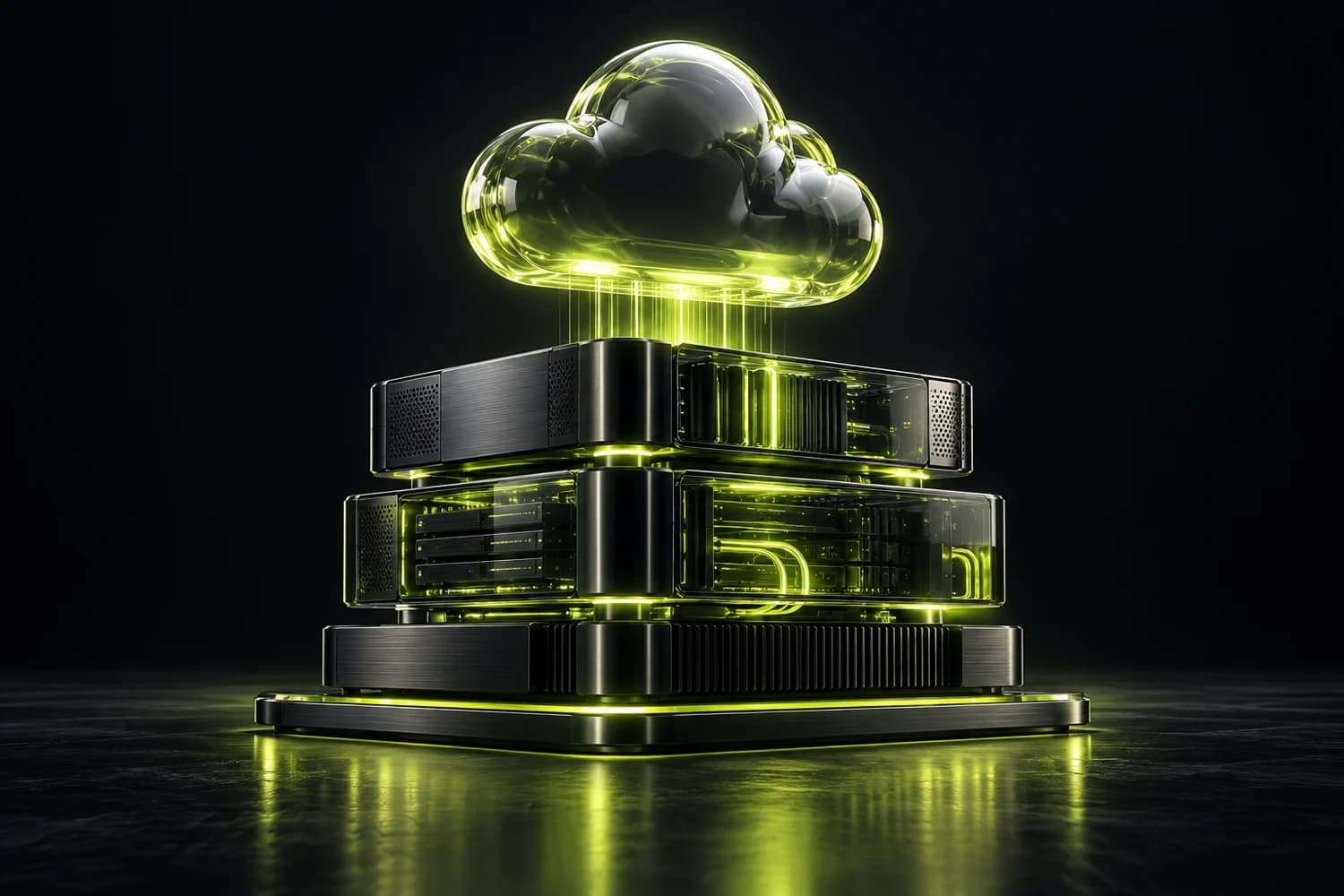 Sculptural cloud computing core with illuminated glass and server modules