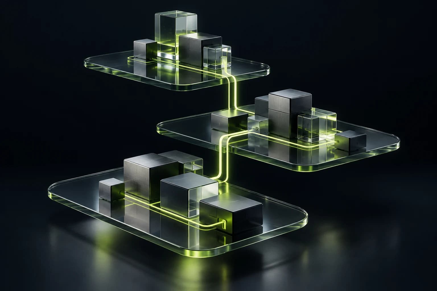 Interconnected glass and graphite modules illuminated by lime pathways, representing connected design and software development