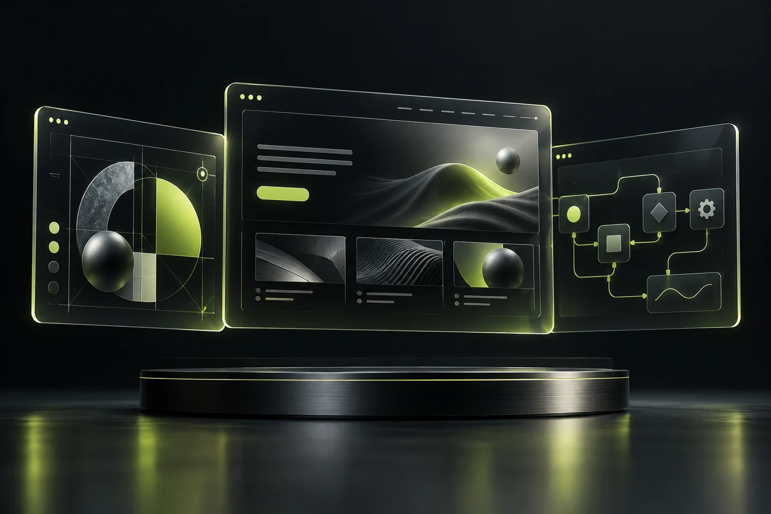 Glass interface concepts representing website development, graphic design and connected workflows